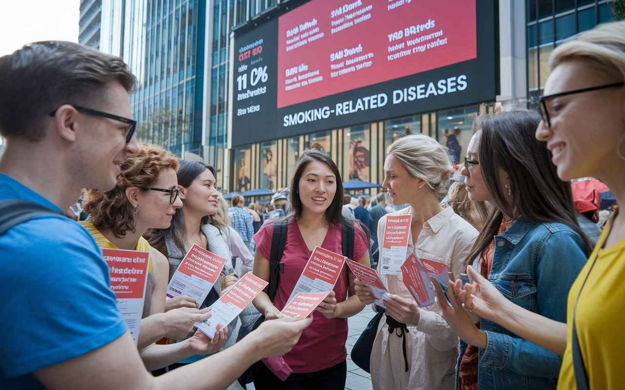 A bustling urban scene featuring a public health awareness campaign. A group of enthusiastic volunteers are handing out colorful flyers about health risks associated with smoking, while a large digital billboard displays statistics about smoking-related diseases. People of various backgrounds are stopping to read the materials, engaging with the volunteers. Bright colors, interactive booths, and lively interactions create an atmosphere of urgent awareness and community action.