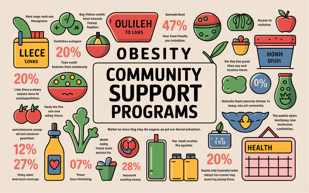 A visually striking infographic outlining key statistics on obesity and community support programs. The design is colorful and easy to read, with icons representing healthy foods and community activities. The data is presented in a way that highlights the importance of access to nutrition. The overall look is modern and inviting, aiming to educate and engage the public about health initiatives in a simple yet impactful manner.