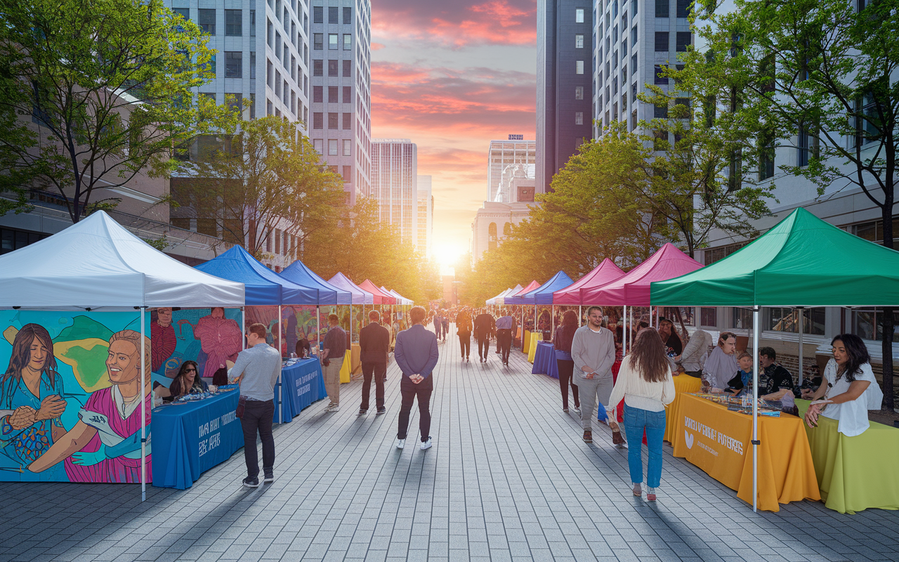 A forward-looking scene showcasing a vibrant city square filled with engaging public health advocacy activities. Artists are creating murals on health topics, community leaders are discussing wellness initiatives at booths, and people are participating in informational workshops under colorful tents. The setting sun casts a warm glow, symbolizing hope and progress in public health. Engaging visuals, enthusiastic crowds, and a sense of empowerment reflect a bright future for public health advocacy.