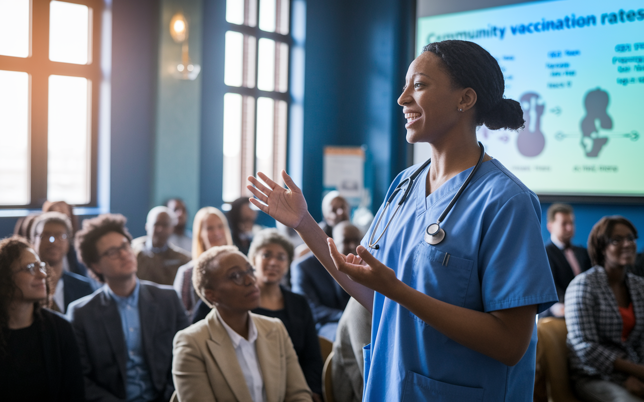 A passionate doctor giving a presentation at a community health forum, with a focused audience in a city hall decor atmosphere. The doctor, in scrubs with a stethoscope, gestures towards a projection of health statistics behind them, highlighting vaccination rates. The room is filled with community members and local leaders, feeling engaged and responsive. Soft natural light from windows enhancing the community-centric atmosphere.