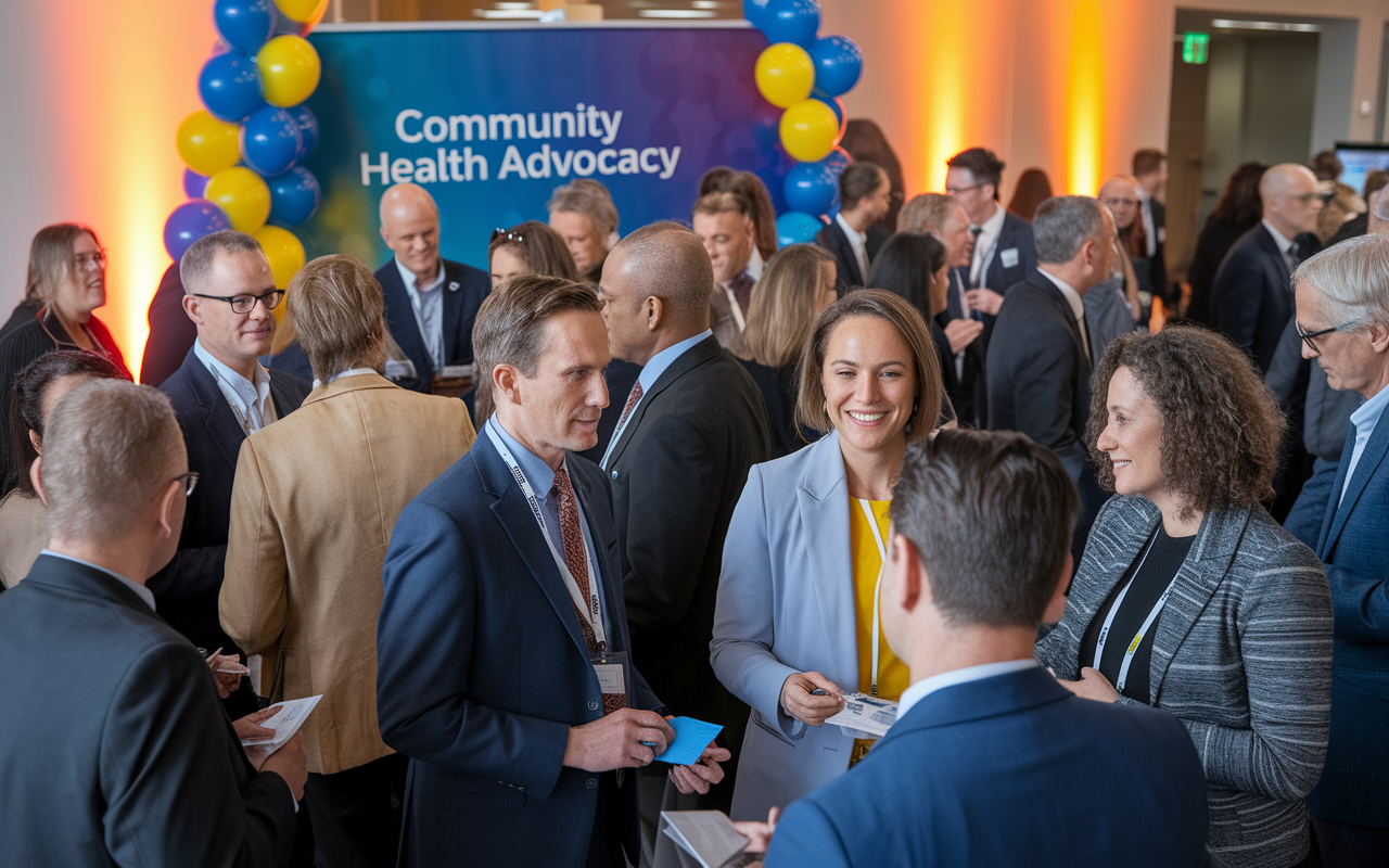 A dynamic networking event where healthcare professionals interact with local policymakers. The scene is vibrant with diverse groups, including physicians in suits, representatives in office attire, and community advocates exchanging ideas and business cards. A backdrop with a banner reading 'Community Health Advocacy' and balloons, with warm lighting that creates an inviting atmosphere.