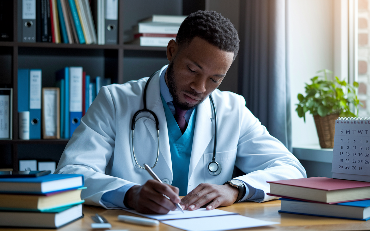 A focused physician writing a personalized letter to a policymaker in a quiet office space. The scene has soft lighting, surrounded by medical books and a plant by the window. The physician's expression is determined and thoughtful, showcasing dedication to advocacy, with a calendar indicating community health events in the background.