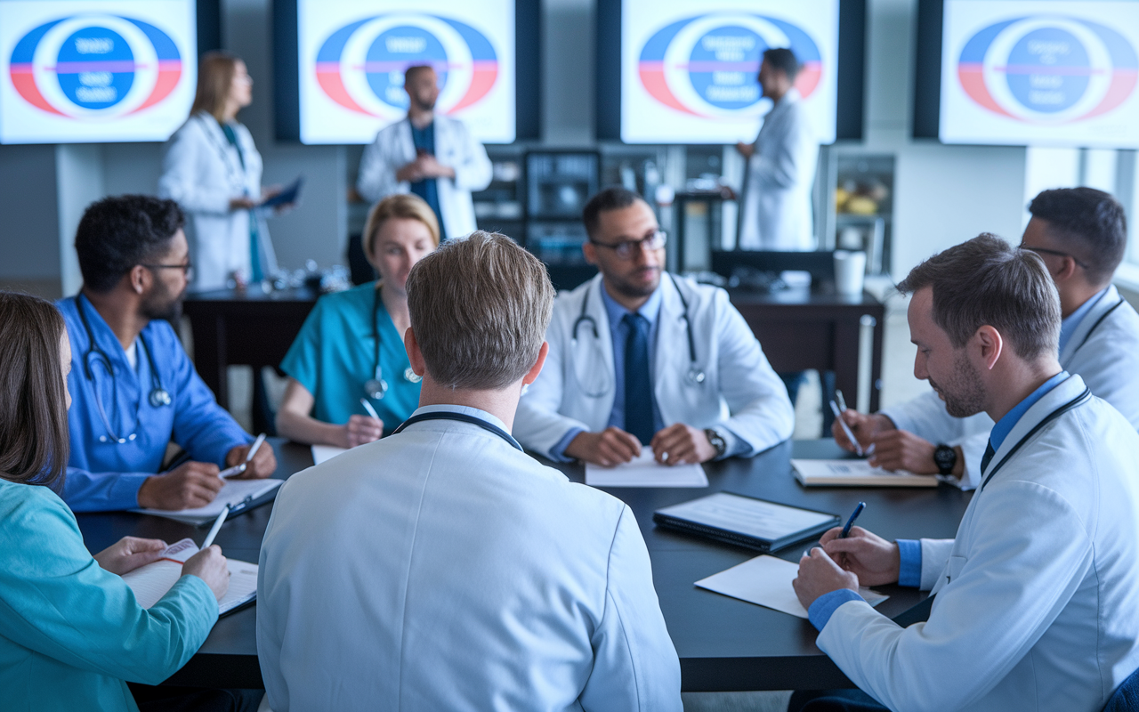 A group of physicians attending a workshop on health policy advocacy, sitting in a conference room with interactive presentations. The atmosphere is charged with knowledge-sharing, with engaging speakers using visual aids. Physicians, diverse in background and specialty, are actively discussing and taking notes, signifying their commitment to continuous learning and advocacy.