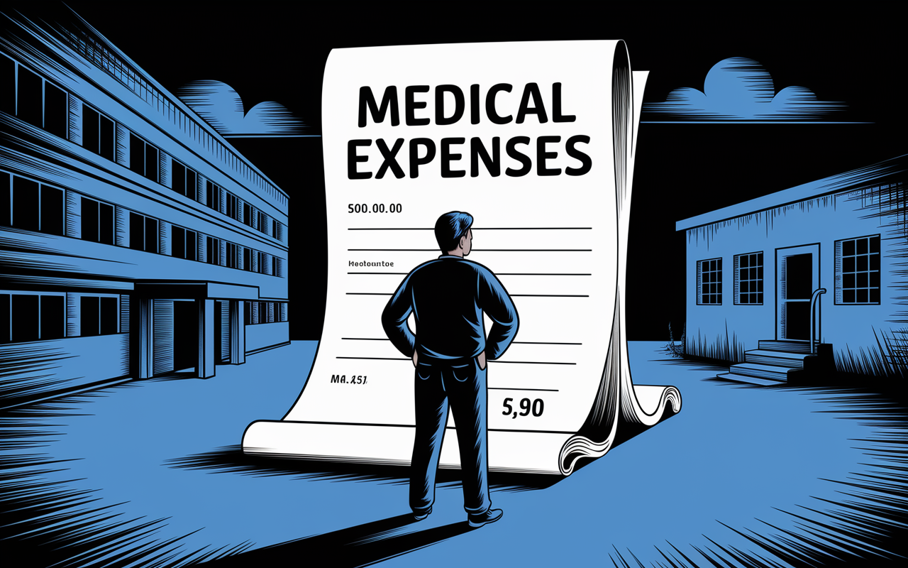 A detailed illustration of an individual standing in front of a giant bill labeled 'Medical Expenses', looking overwhelmed. The background features a stark contrast of a lavish healthcare facility and a dilapidated clinic, underscoring the disparity in access. The scene is dimly lit, amplifying the feeling of helplessness, while the use of cool colors represents the emotional weight of financial barriers to healthcare.