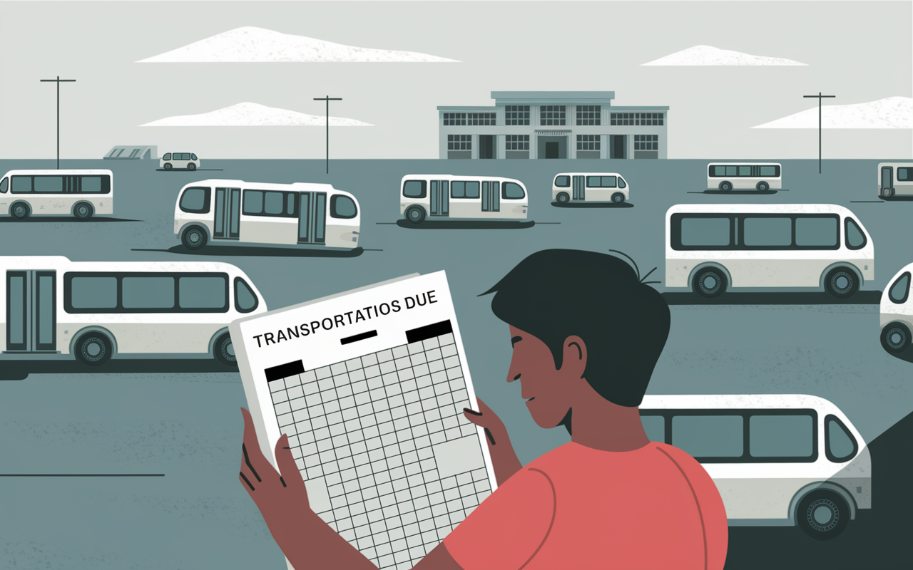 An image illustrating the struggle to access healthcare due to transportation barriers. Visualize a patient looking at a bus schedule with a frustrated expression, surrounded by sparse public transportation options. In the background, an empty, distant clinic looms. Using a muted color palette offers a sense of isolation and difficulty in accessing care, highlighting the emotional strain of potential patients.