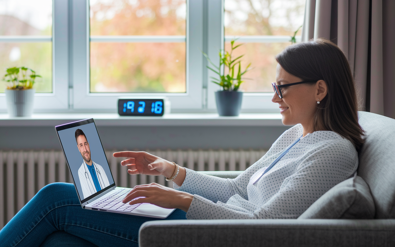 An engaging visual of a patient sitting comfortably at home, engaging in a video consultation with a doctor on a laptop. The scene includes soft lighting, with natural elements visible through the window, representing the comfort of receiving healthcare from home. A digital clock shows time, symbolizing convenience and accessibility through telehealth services.