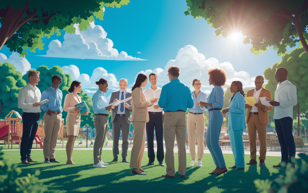 A diverse group of community members, government officials, and health professionals gathered in a vibrant park discussing public health policies. The scene is set under a bright blue sky with fluffy clouds, showing people of various ages and ethnic backgrounds engaged in conversation, holding charts and policy documents. Lush green trees and a playground in the background symbolize a healthy environment. The atmosphere is collaborative and optimistic, with sunlight streaming down, creating a warm and inviting ambiance.