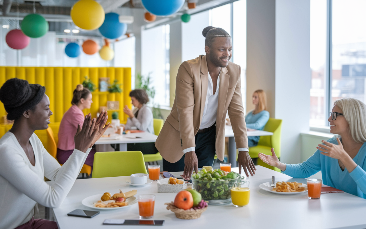 A modern office environment where employees participate in a wellness program with bright decor and healthy breakfast options provided. Team members are seen engaging in stress management activities, yoga classes, and discussions around work-life balance. The atmosphere is positive and energizing, emphasizing the benefits of workplace health policies.