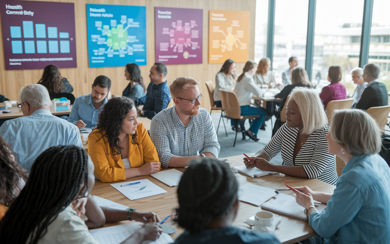 A community assembly in a vibrant townhall setting, where residents are actively participating in discussions about health issues and policies. Diverse groups of people, including families and local leaders, share their thoughts and experiences. The atmosphere is collaborative, with colorful charts on the walls showcasing community health data, emphasizing the importance of stakeholder engagement in public health policy.