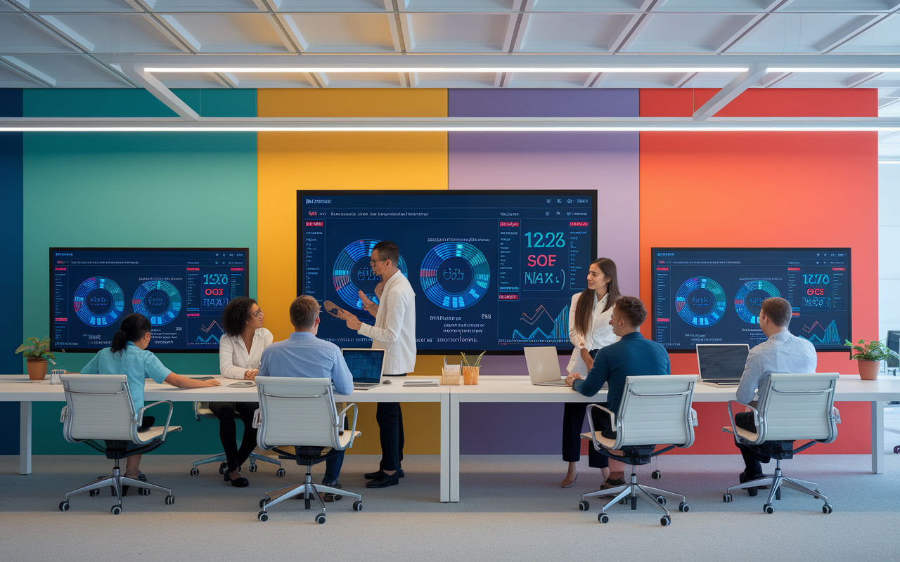 A modern public health office where employees analyze data on large screens and collaborate over insightful health statistics. The room is filled with vibrant colors and modern technology. Team members of diverse backgrounds engage in discussions about health trends and solutions, demonstrating the interplay of data analysis and public health policy.