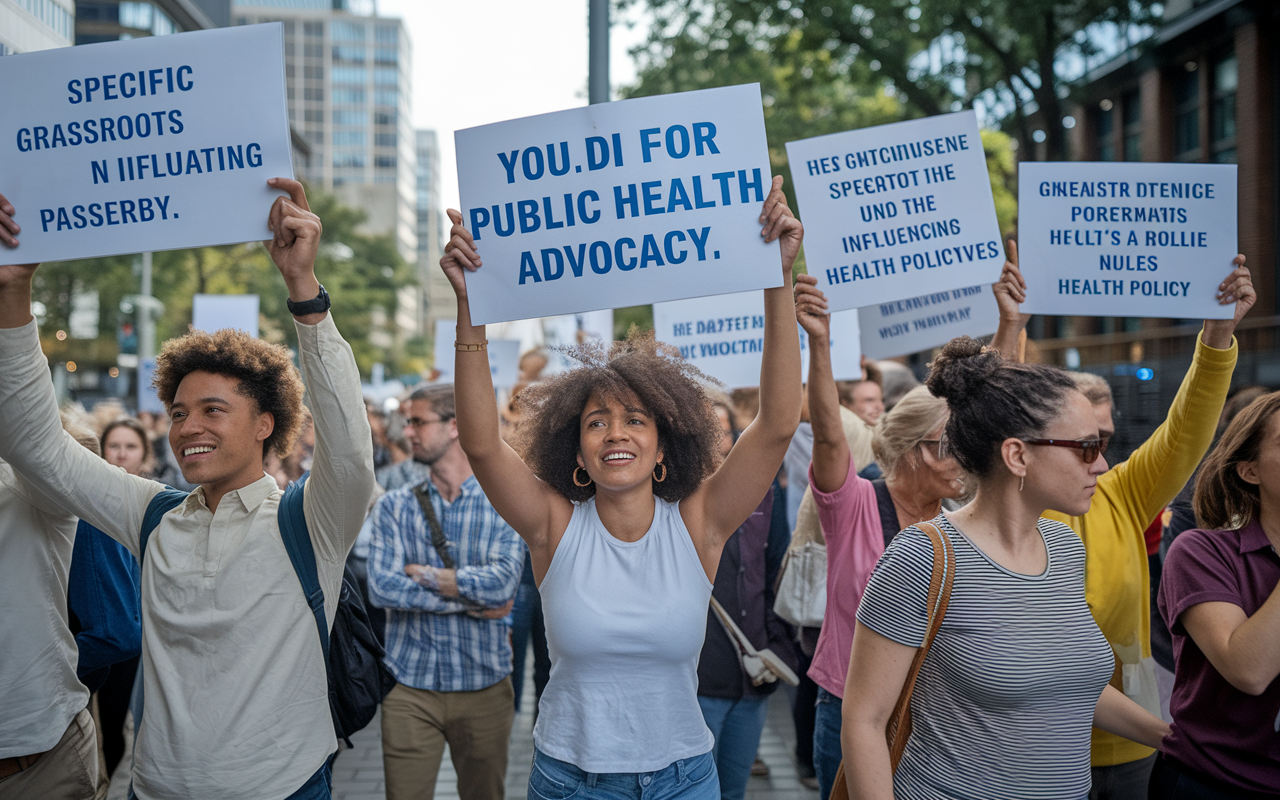 A dynamic scene of community members rallying for public health advocacy, holding signs and banners promoting health initiatives. The atmosphere is energetic, with enthusiastic participants engaged in discussions and educating passersby. Colorful signs emphasize specific health concerns, illustrating the importance of grassroots efforts in influencing public health policy.