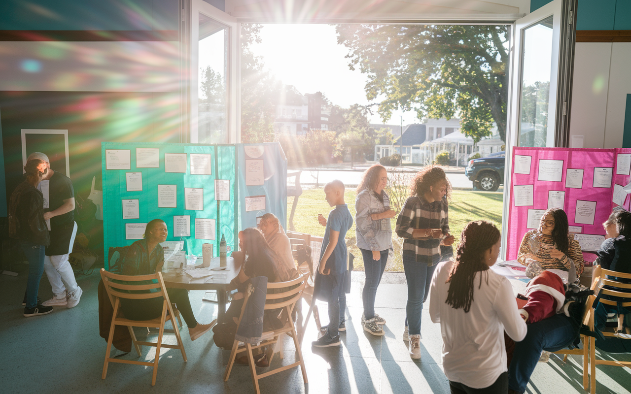 A vibrant public health awareness campaign set in a community center, featuring colorful informational displays and interactive workshops. Participants of various ages engage in discussions about healthy practices and resources. Sunlight streams through the open doors, creating a welcoming atmosphere that encourages community members to learn about health issues.