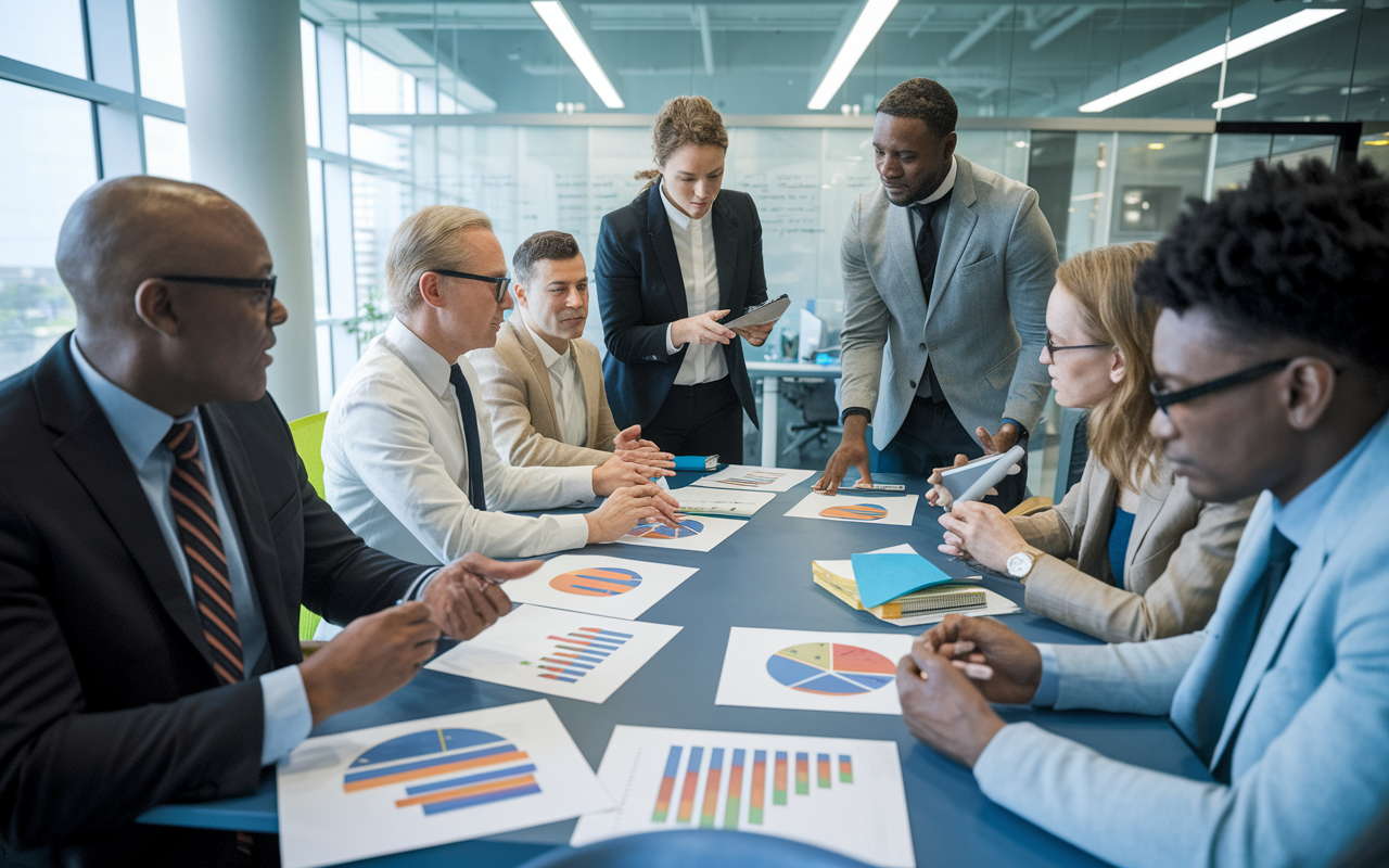 A well-organized meeting of public health officials discussing budget allocations for health programs, surrounded by charts and impactful health outcome data. The atmosphere is focused and collaborative, showcasing determination to ensure sustainable financial support for community health initiatives. Modern office setting with diverse participants reflecting hard work in maintaining health policies.