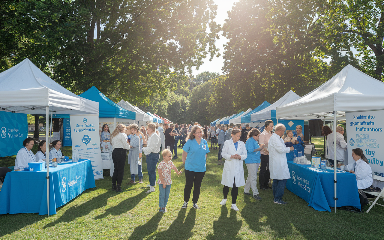 A vibrant community health fair set in a park, bustling with families and healthcare professionals. Booths showcasing vaccination, health screening, and wellness education initiatives are decorated with colorful banners and informative displays. Lively interactions between residents and health workers, as they participate in educational workshops. A bright sunny day creates a cheerful atmosphere, highlighting the importance of preventive care in enhancing community health.