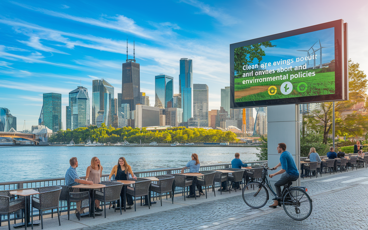 A picturesque city skyline with clear blue skies and lush greenery surrounding clean energy buildings. European-style open-air cafes with happy people enjoying fresh air. A digital billboard displaying messages about clean air and environmental policies. The scene depicts a vibrant urban environment with bicycles and electric vehicles in the foreground, symbolizing a commitment to sustainable living and public health.