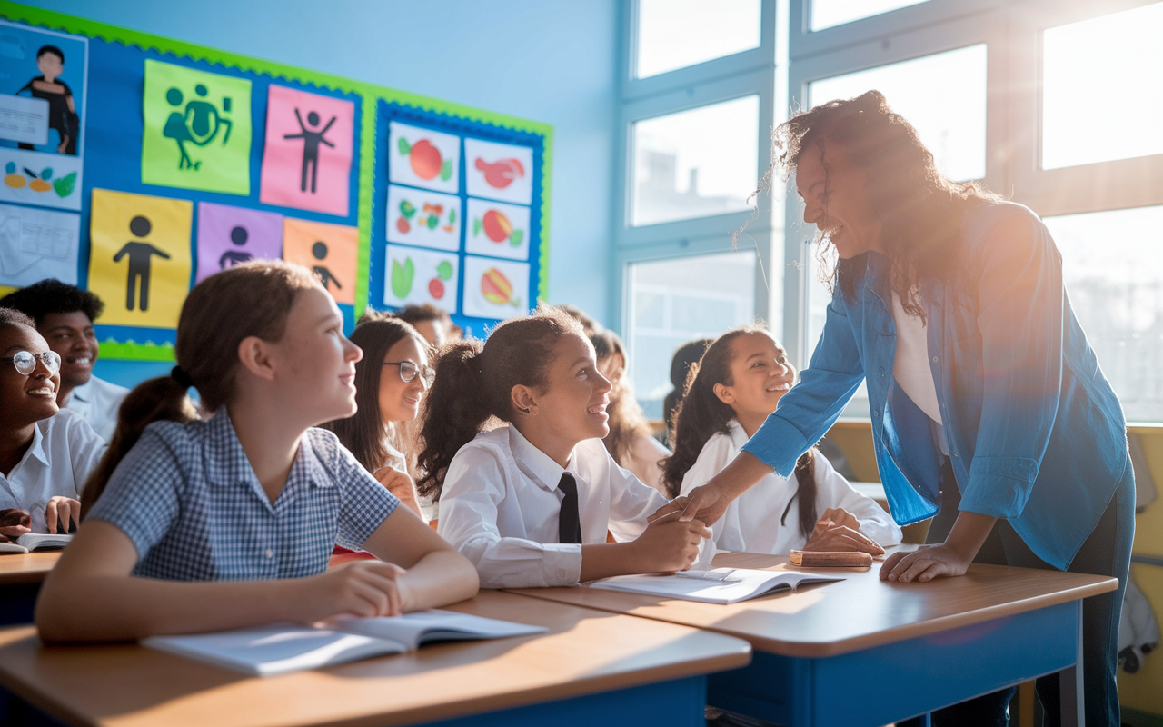 A lively classroom scene with an engaging health education lesson in progress. A diverse group of students actively participating, listening to an enthusiastic teacher. Visual aids on wellness, nutrition, and physical activity are displayed on colorful posters. Sunlight streams through the windows, creating an invigorating learning environment that emphasizes the importance of health education in schools.