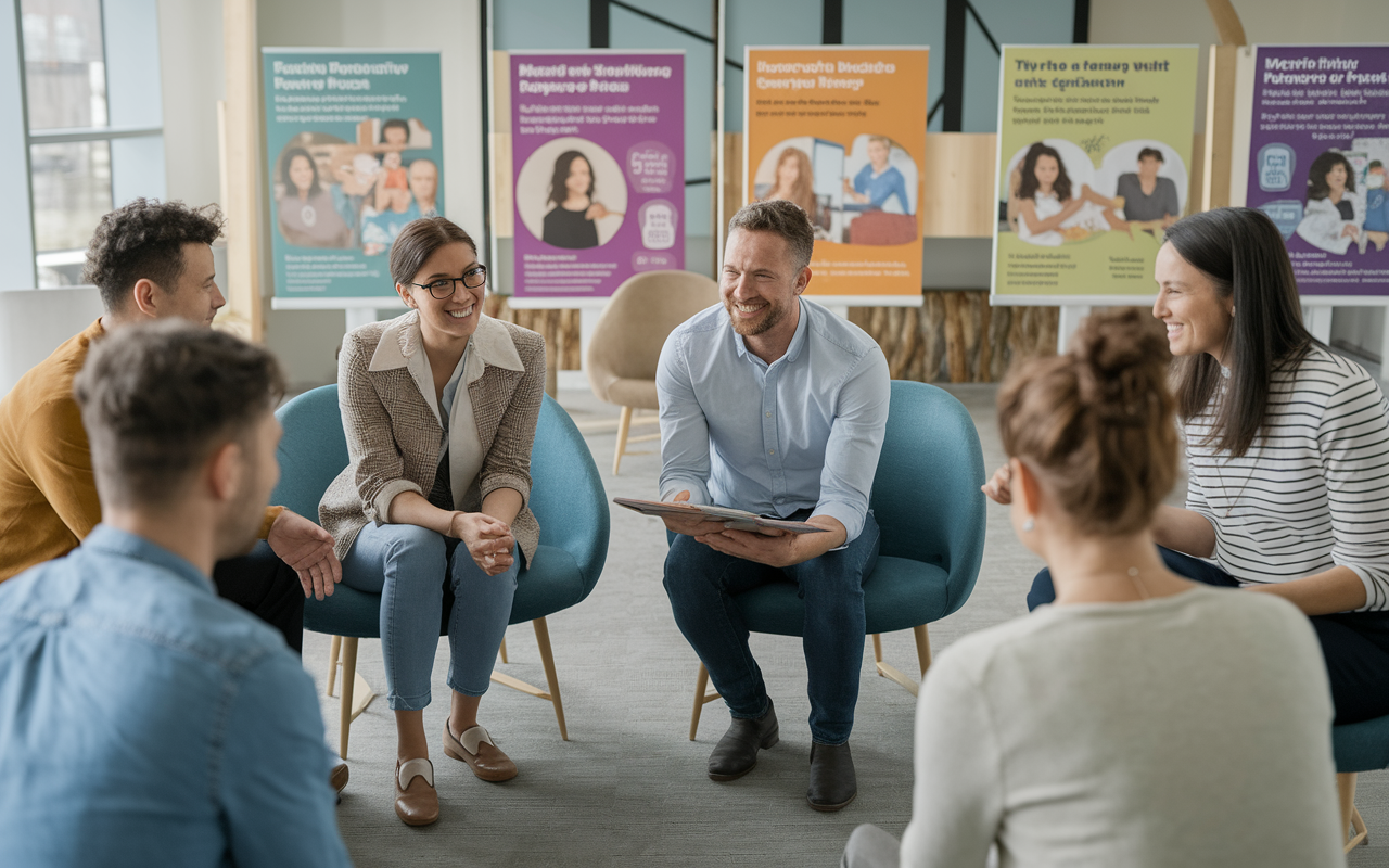 A community center offering mental health resources and support services. A warm gathering of individuals in a support group session, showcasing collaboration and sharing of experiences. Friendly mental health professionals engaging with participants, with colorful brochures and informative displays about mental health resources. The inviting atmosphere promotes a sense of community support and well-being.