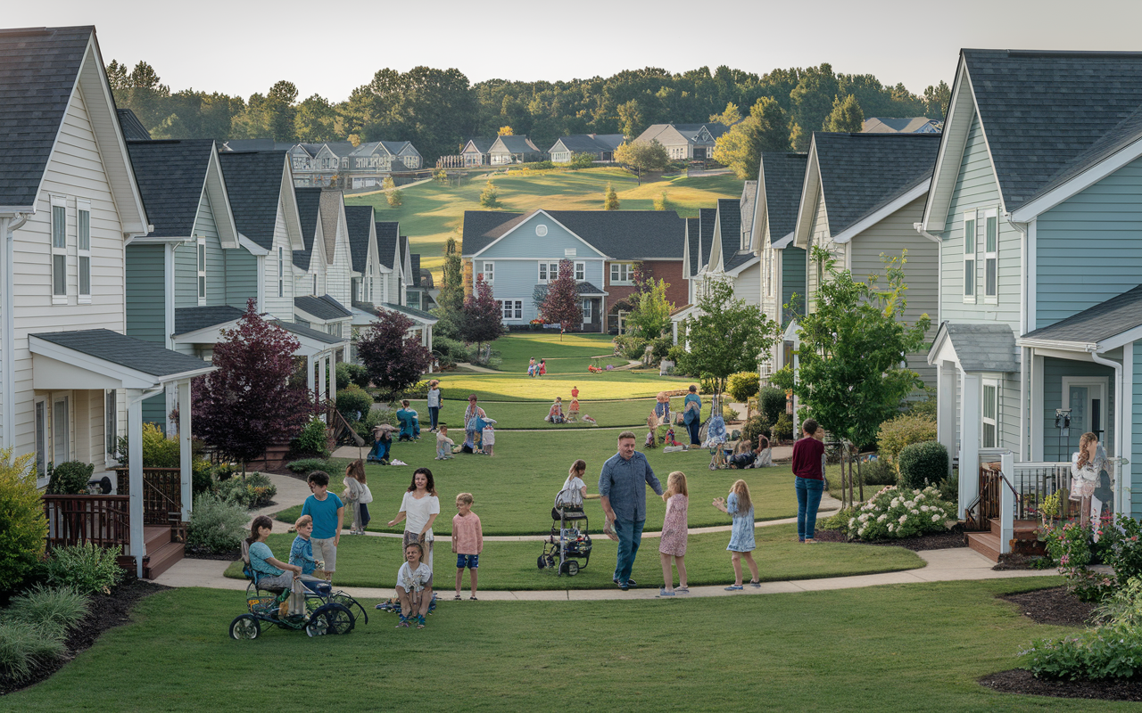 A serene residential neighborhood with well-maintained houses, gardens, and families engaging in outdoor activities. A sense of community is displayed with neighbors chatting and children playing, highlighting the importance of stable housing. The background shows green parks and community centers, reinforcing the connection between housing policies and community health.