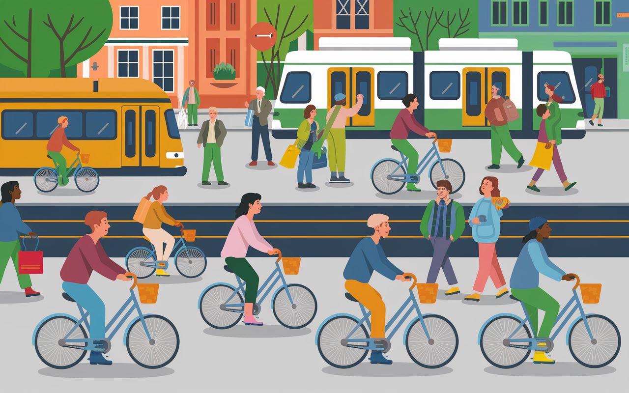 A vibrant transportation scene in a busy urban area, featuring public transportation options, bicycles, and pedestrians enjoying a walkable neighborhood. People of diverse backgrounds interacting with each other, using eco-friendly bikes, and boarding trams. The design emphasizes green spaces, bike lanes, and accessibility, illustrating the role of transportation policies in promoting physical activity and reducing vehicle emissions.