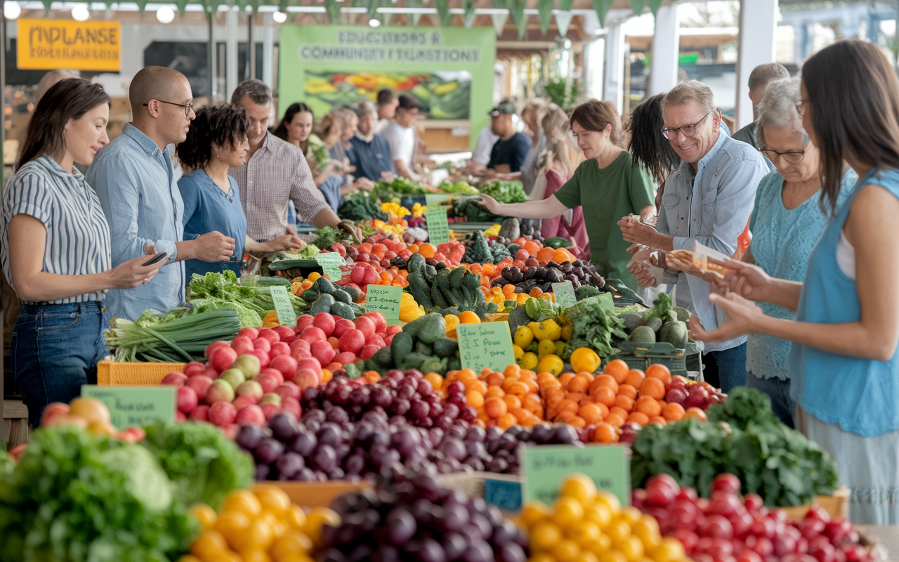 A bustling local farmers' market brimming with vibrant fruits and vegetables, with diverse community members shopping and engaging with farmers. Brightly colored stalls and signage reflect healthy food options, education workshops on nutrition in the background. The lively atmosphere promotes community interaction and emphasizes the importance of access to nutritious food.