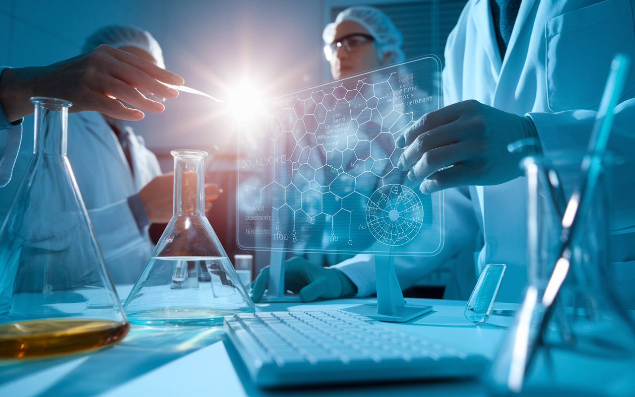 A close-up view of a laboratory setting where targeted therapy research is being conducted. Scientists in lab coats visualize molecular structures and genetic sequences on screens, under vibrant fluorescent lighting. Glassware and tools for genetic analysis are present, emphasizing the precision and specificity of the treatment. There is a sense of innovation and dedication, as researchers collaborate to understand complex cancer genomics.