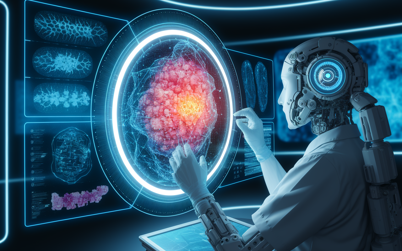 A futuristic scene showcasing the application of artificial intelligence in oncology. A medical professional interacts with a holographic AI interface, analyzing complex imaging data that highlights tumors in vibrant colors. The environment is sleek and modern, filled with advanced technology and 3D visualizations of genetic data, illustrating the convergence of healthcare and cutting-edge AI solutions to combat cancer.