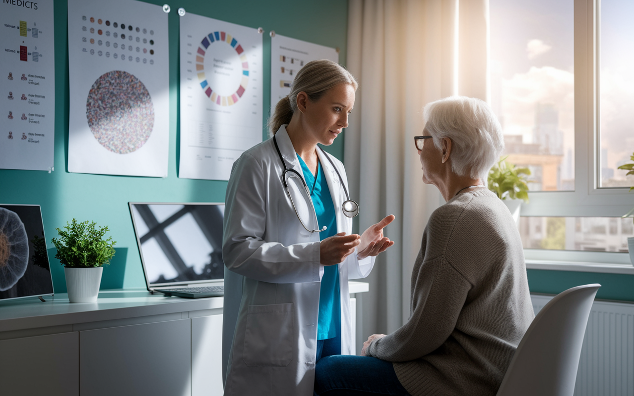 A serene consultation room illustrating the concept of personalized medicine in oncology. A compassionate healthcare provider engages with a patient, discussing tailored treatment plans. The walls are decorated with charts showcasing genetic and molecular data, creating an inviting atmosphere. Soft natural light filters through the window, symbolizing hope and individualized care in cancer treatment.