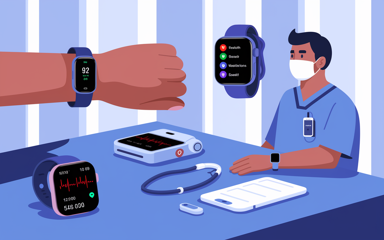 An illustrative display of various wearable devices used in healthcare, including a fitness tracker on a wrist, a smartwatch showing health notifications, a continuous glucose monitor attached to a patient, and ECG wearables on a table. The background is a clinical environment with soft lighting, creating a clean, modern atmosphere that emphasizes innovation in health technology.