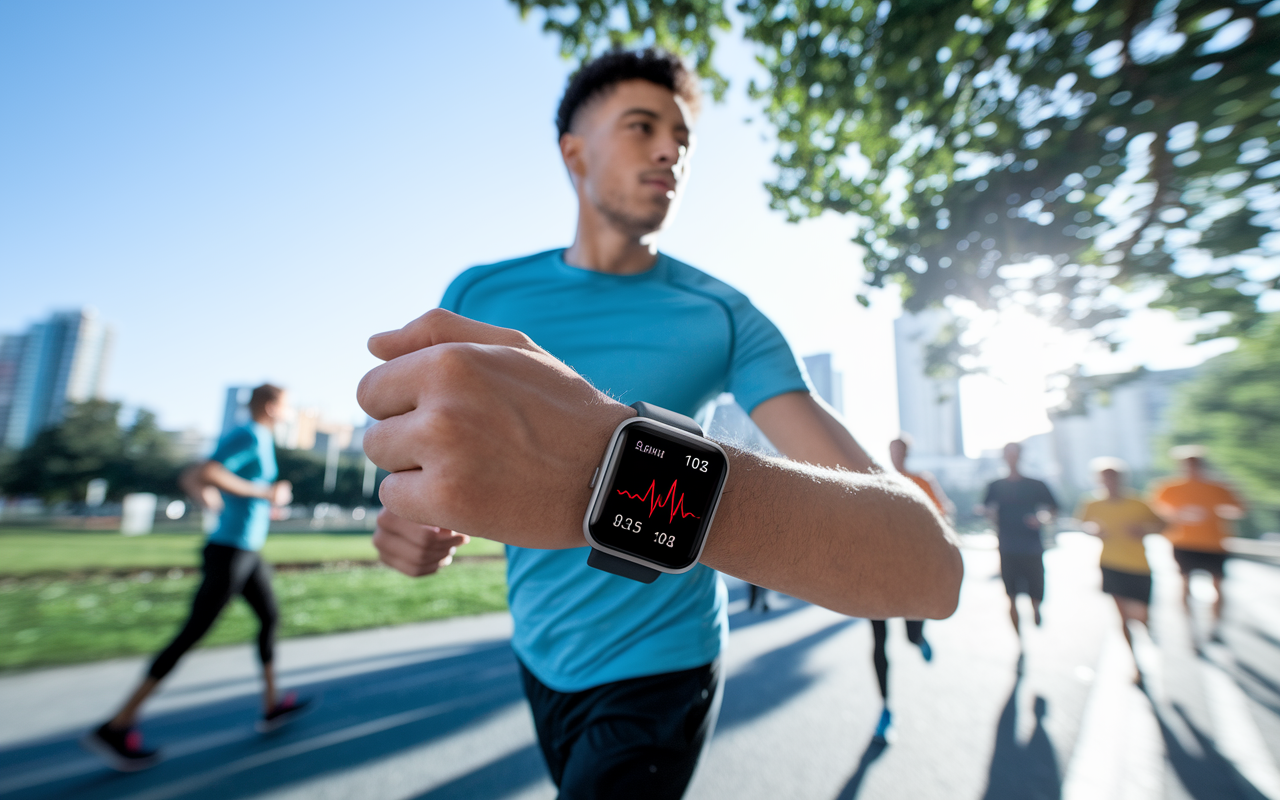 A dynamic scene of a young man jogging in an urban setting while wearing a smartwatch that displays real-time health data like heart rate and distance traveled. The background features a clear blue sky, park pathways, and other joggers. The sunlight filters through tree leaves, highlighting the integration of fitness and technology in daily life, conveying freedom, health, and monitoring.