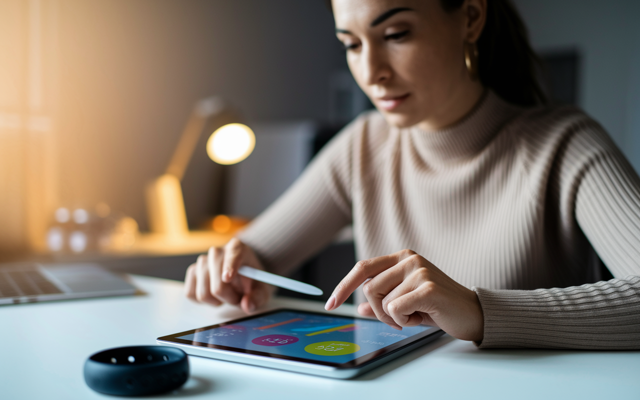 A focused woman using a tablet to review health metrics provided by her wearable device. The background includes her wearable fitness tracker on the desk, with colorful graphs and notifications displayed on the tablet screen. Warm lighting creates a welcoming atmosphere, emphasizing the personal connection between technology and health management.