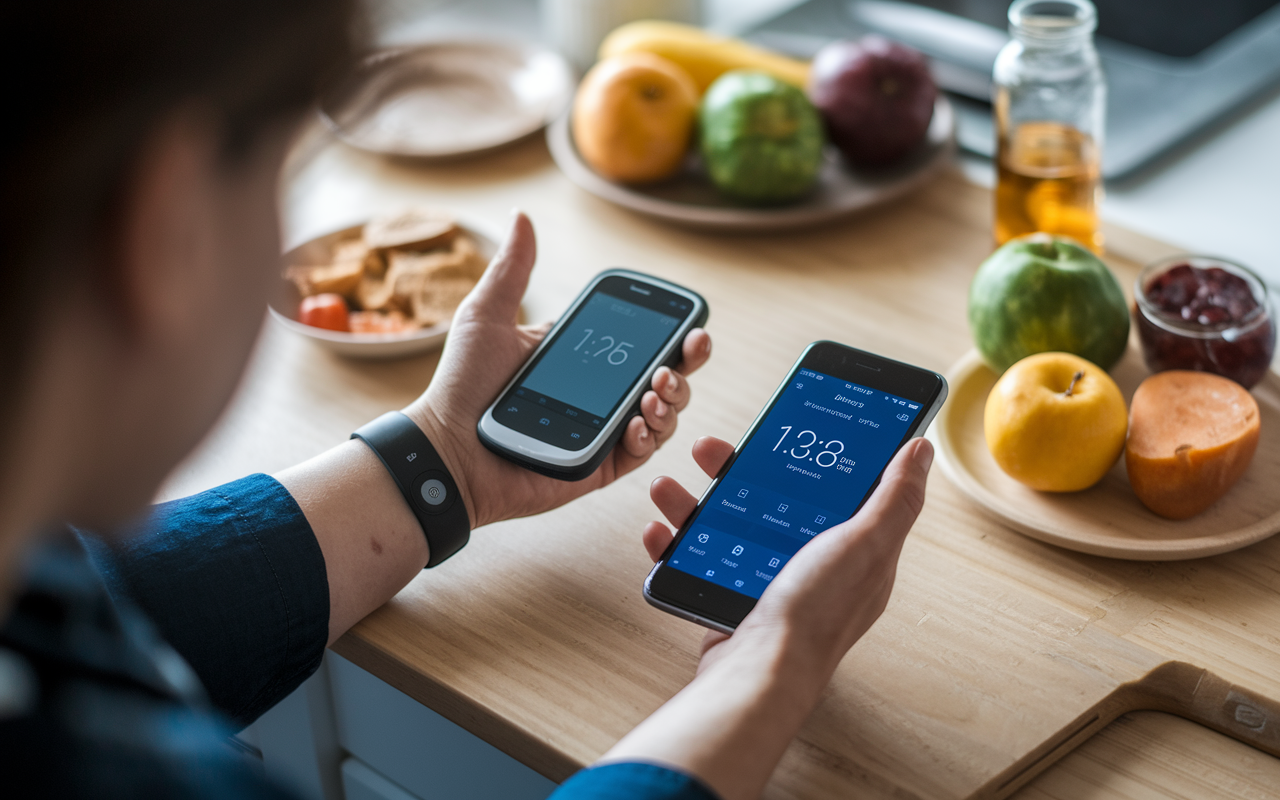 An intimate setting showing a patient at home using a continuous glucose monitor attached to their arm, while they review data on their smartphone. The kitchen setting is warm and homey, with healthy snacks visible, highlighting the proactive management of diabetes and the daily integration of technology into lifestyle choices.