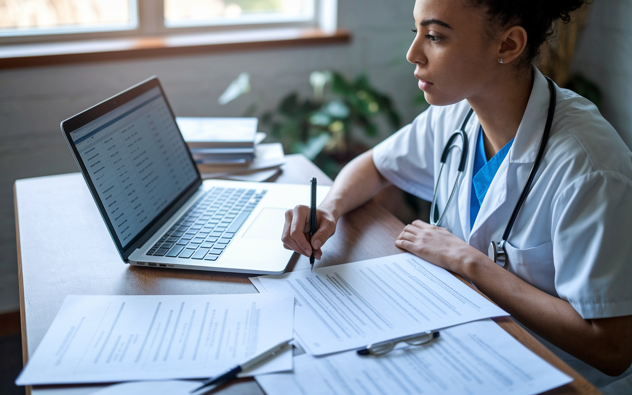 A focused medical student at their desk, reviewing a laptop screen filled with clinical rotation placement options, papers scattered with application checklists and hospital locations. The setting is a cozy study area with natural light coming in, creating a calm atmosphere of preparation and determination. The student has a look of concentration and anticipation as they prepare for the next steps in their medical training.