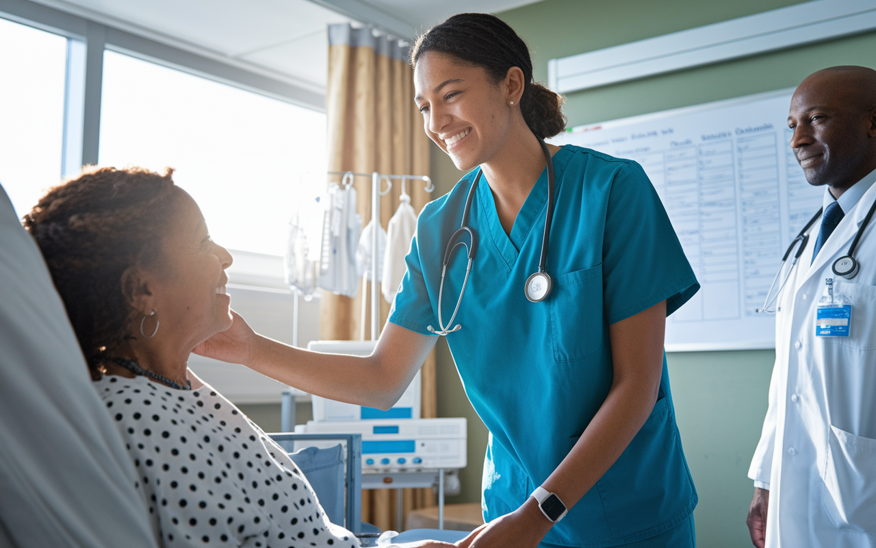 A medical student in scrubs actively engaged with a patient in a hospital room, displaying empathy and professionalism. The backdrop includes hospital equipment and a whiteboard filled with medical information. Natural daylight streams through a window, illuminating the compassionate interaction, while a supervising doctor observes, highlighting the hands-on learning environment.