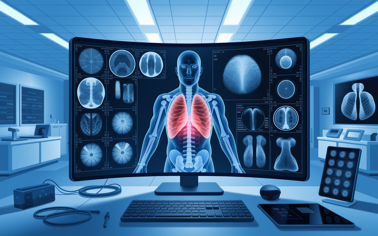 An AI interface displaying diverse radiology images including X-rays and CT scans, with highlighted areas indicating detected anomalies. The screen is framed by high-tech gadgets and medical instruments, set within a well-lit, spacious radiology department. The atmosphere reflects innovation and precision.