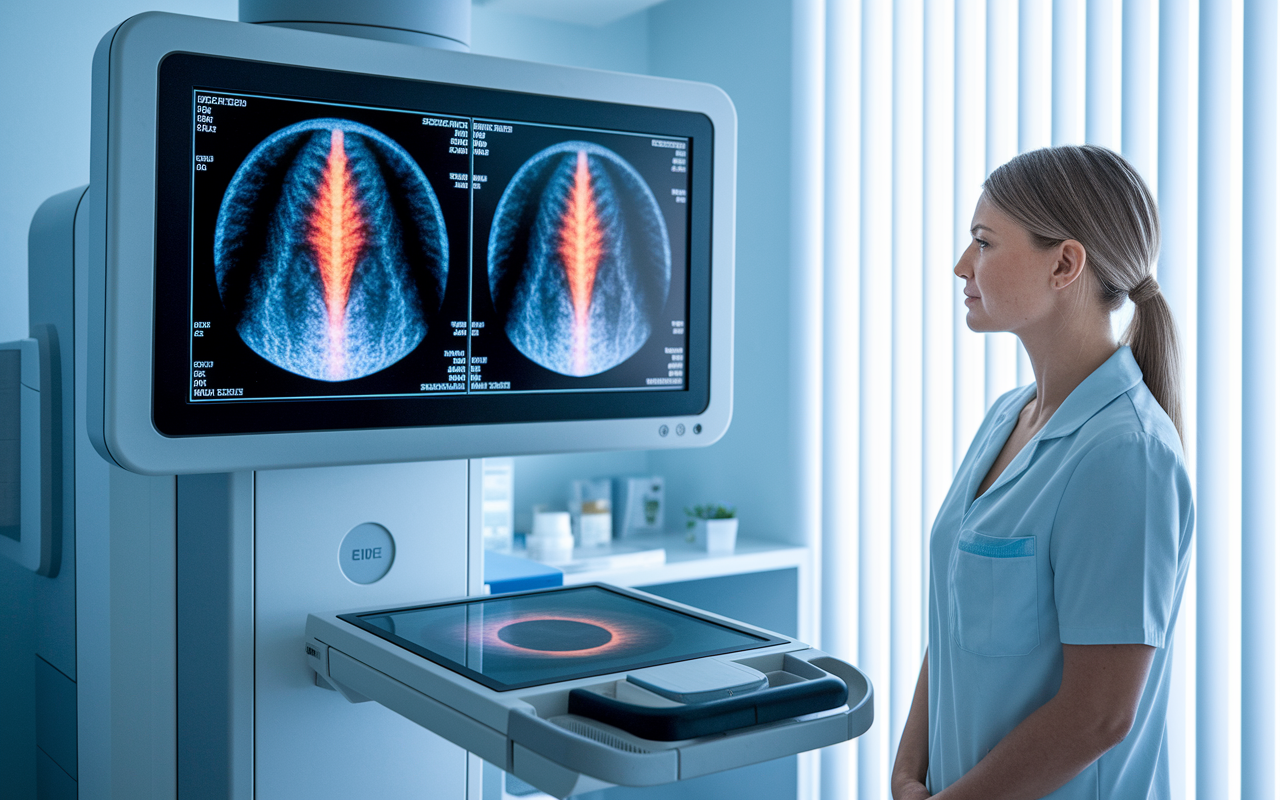 A mammography machine with a screen displaying a mammogram image, where AI highlights potential tumors with colored overlays. The room is bright and sterile, portraying a sense of hope and advanced medical technology, with the technician attentively observing.