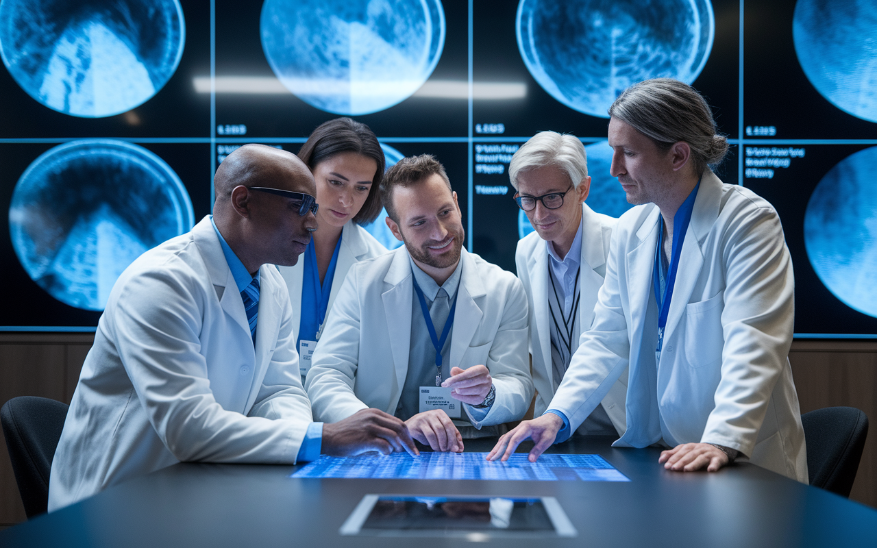 A diverse team of radiologists engaged in a discussion in a modern conference room, with AI-generated images projected on a screen. The professionals are analyzing data together, exemplifying teamwork and the integration of technology in healthcare.