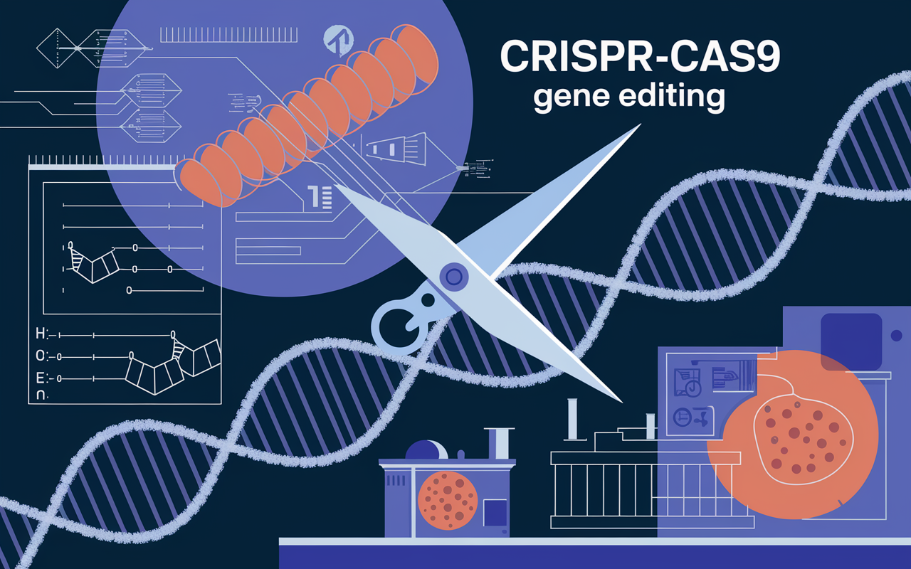 A detailed illustration of the CRISPR-Cas9 gene editing mechanism. The image shows a molecular diagram featuring guide RNA (gRNA) attaching to its target DNA sequence, with the Cas9 enzyme depicted as molecular scissors making a precise cut in the DNA strand. Background elements include a laboratory environment and representations of cells and DNA, highlighted by a soft glow to emphasize the technological aspect of gene editing. The overall composition conveys a scientific yet accessible look at complex genetic mechanisms.