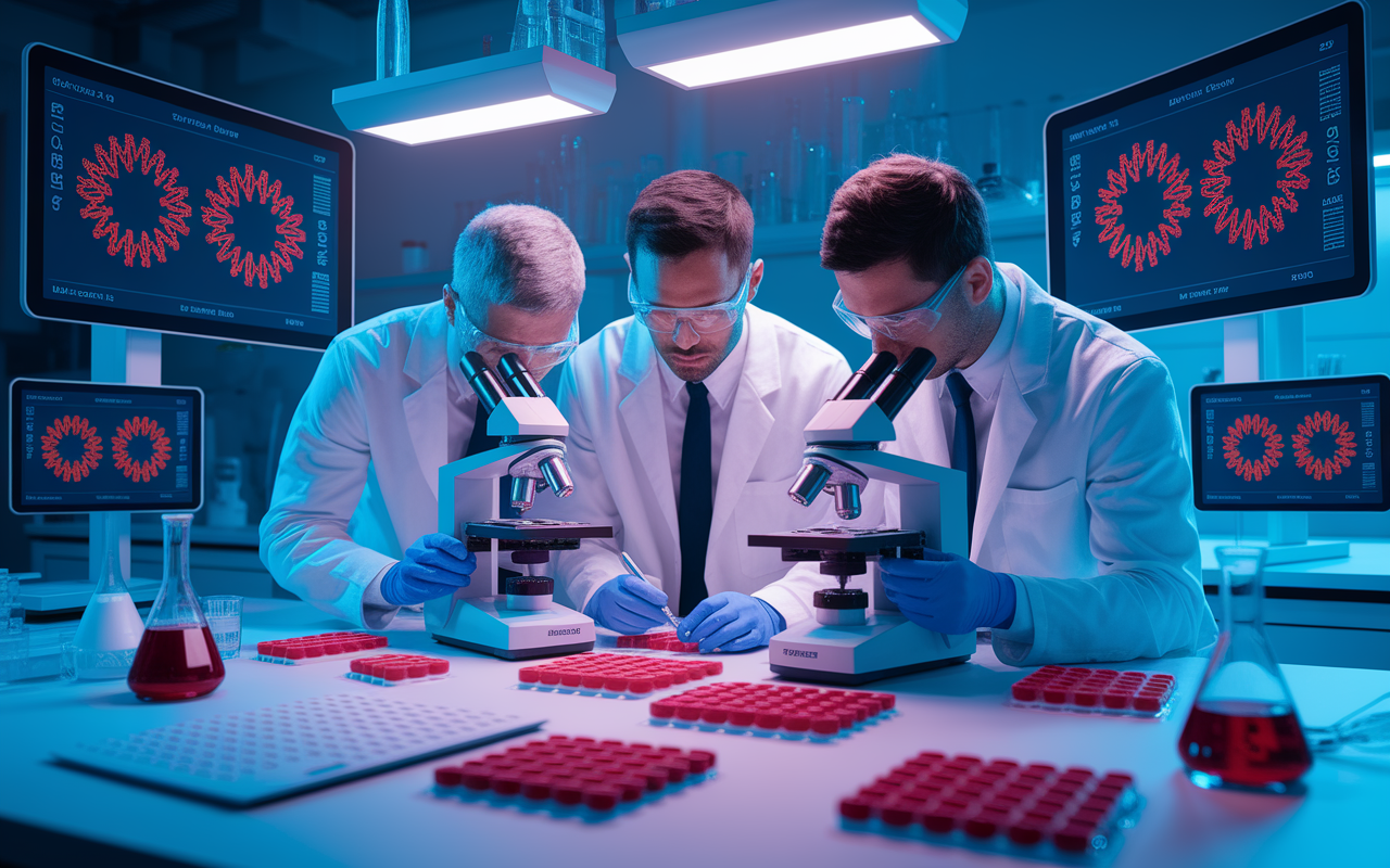 A captivating scene depicting a laboratory setting where researchers are conducting experiments on sickle cell disease using CRISPR technology. The image includes scientists observing samples under microscopes surrounded by diagrams and displays on screens illustrating edited hemoglobin molecules. The atmosphere is vibrant and charged with excitement, showing the dedication of the researchers working towards curing genetic disorders. Bright, focused lighting highlights the intricate procedure occurring at a lab bench.