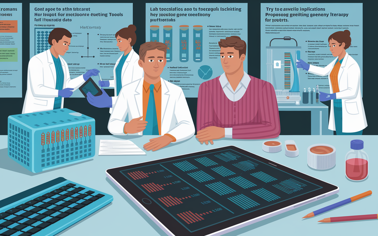 An informative scene depicting a clinical trial setting for CRISPR gene therapy. It showcases a patient, a healthcare professional discussing treatment options, and detailed patient data displayed on a digital tablet. Besides them, lab technicians are busy preparing gene-editing tools. The background is filled with scientific posters and diagrams highlighting proposed gene therapy techniques. The image emphasizes the human aspect of gene editing and its hopeful implications for patients.