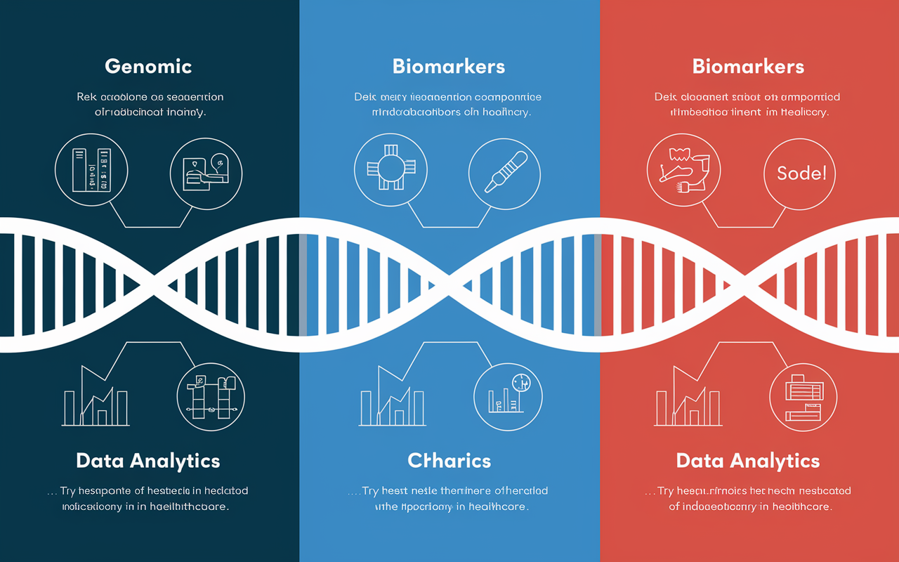 An infographic-style representation showcasing the components of personalized medicine. This includes genomic sequencing represented by a DNA double helix, biomarkers illustrated by various medical indicators, and data analytics depicted through sophisticated data visualization charts. Each component is labeled clearly and set against a backdrop of bright colors to emphasize the importance of individualized treatment in healthcare.