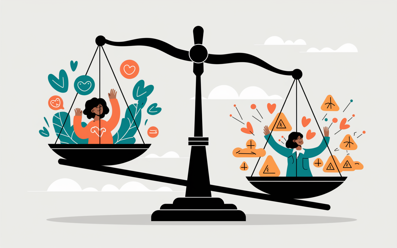 A visual depiction featuring a scale balancing two aspects: enhanced treatment efficacy and reduced adverse effects. On one side, vibrant imagery of patients thriving under personalized treatments, with symbols of health like hearts and smiles. On the other side, imagery representing the minimized risks associated with traditional treatments, such as caution signs fading away. The atmosphere is uplifting, illustrating the positive impact of personalized medicine on patient health.