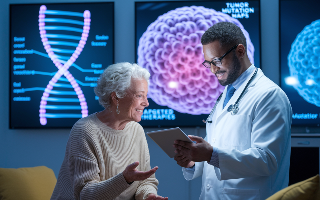 A dynamic scene in an oncologist's office, where a doctor reviews a patient's genomic report on a tablet. The background features visuals of DNA spirals and tumor mutation maps. The patient, appearing relieved, engages in a discussion about targeted therapies, with medical imagery displayed prominently on the walls. The lighting is warm and inviting, emphasizing a nurturing and hopeful atmosphere.