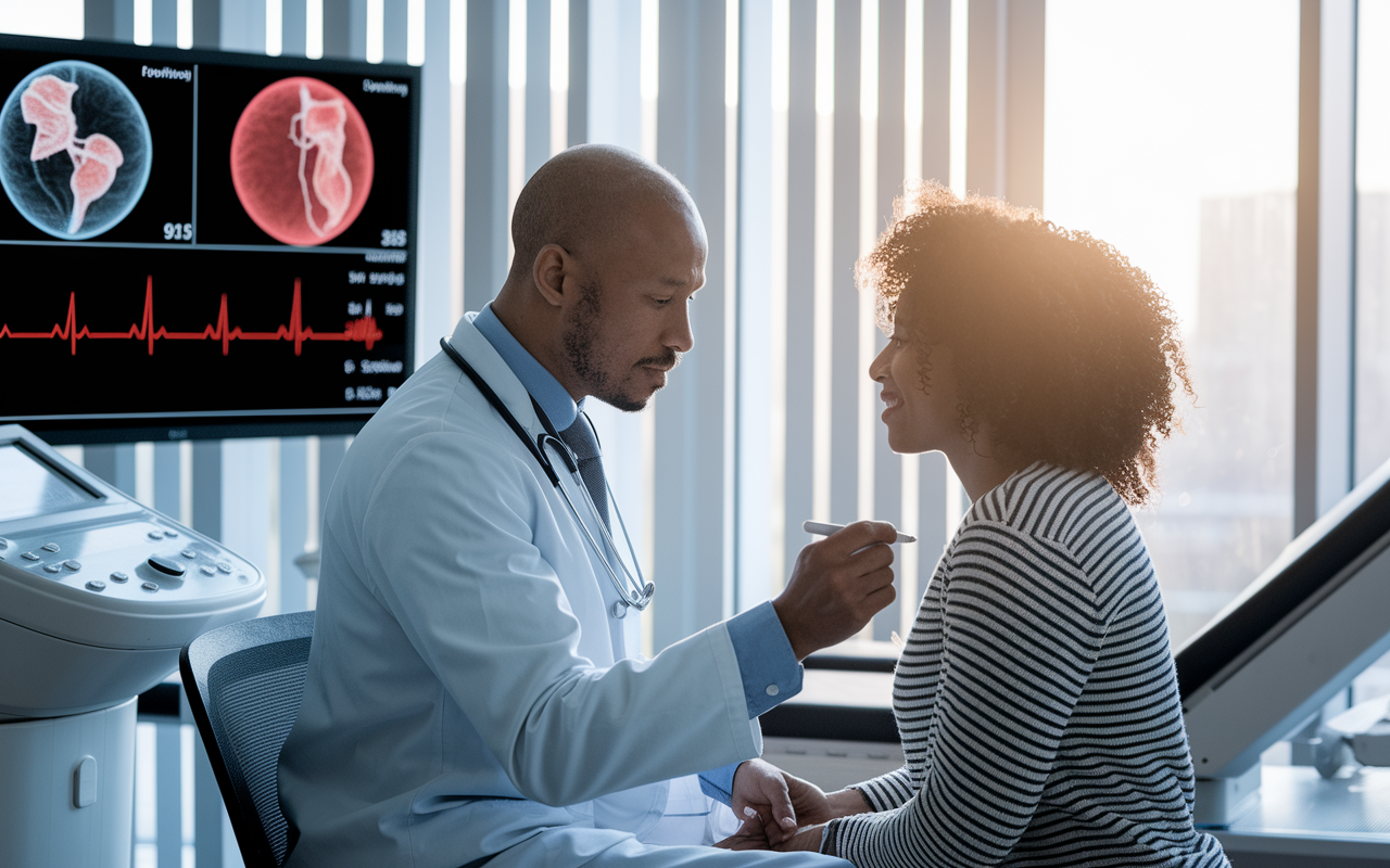 A doctor performing a genetic risk assessment on a patient in a modern clinic setting, featuring cardiovascular imaging equipment in the background. Charts displaying genetic predispositions and heart health statistics are visible. The patient appears attentive, engaged in the process of understanding their unique health journey, with natural light streaming through the windows, creating a sense of clarity and hope.