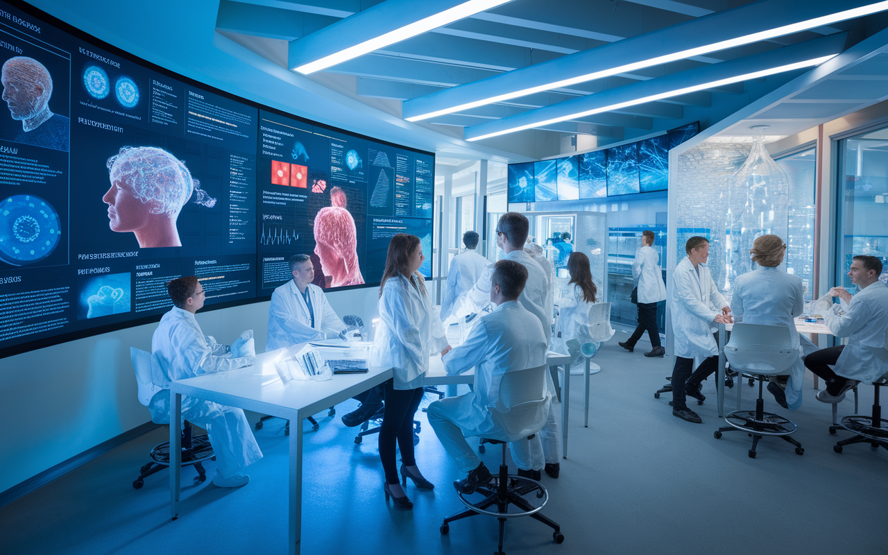 An inspiring view of a laboratory filled with advanced technology and a diverse team of researchers collaborating on personalized medicine solutions. Futuristic displays of genetic data and patient outcomes illuminate the room. The atmosphere is one of innovation and collaboration, with bright lighting showcasing the dedication to improving healthcare through personalized approaches. A large screen features success stories of patients benefitting from personalized treatments.