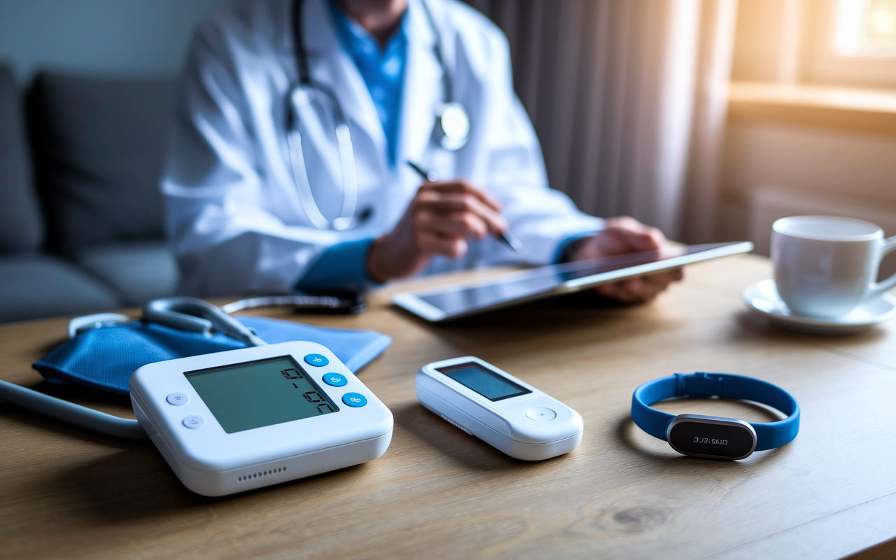 A detailed layout of various remote patient monitoring devices like a digital blood pressure monitor, glucose tracker, and wearable heart rate monitor, all displayed on a wooden table. In the background, a soft-focus image of a patient consulting with a healthcare provider through a video call on a tablet, highlighting the intersection of technology and healthcare. The scene conveys innovation, care, and the importance of monitoring for health management.