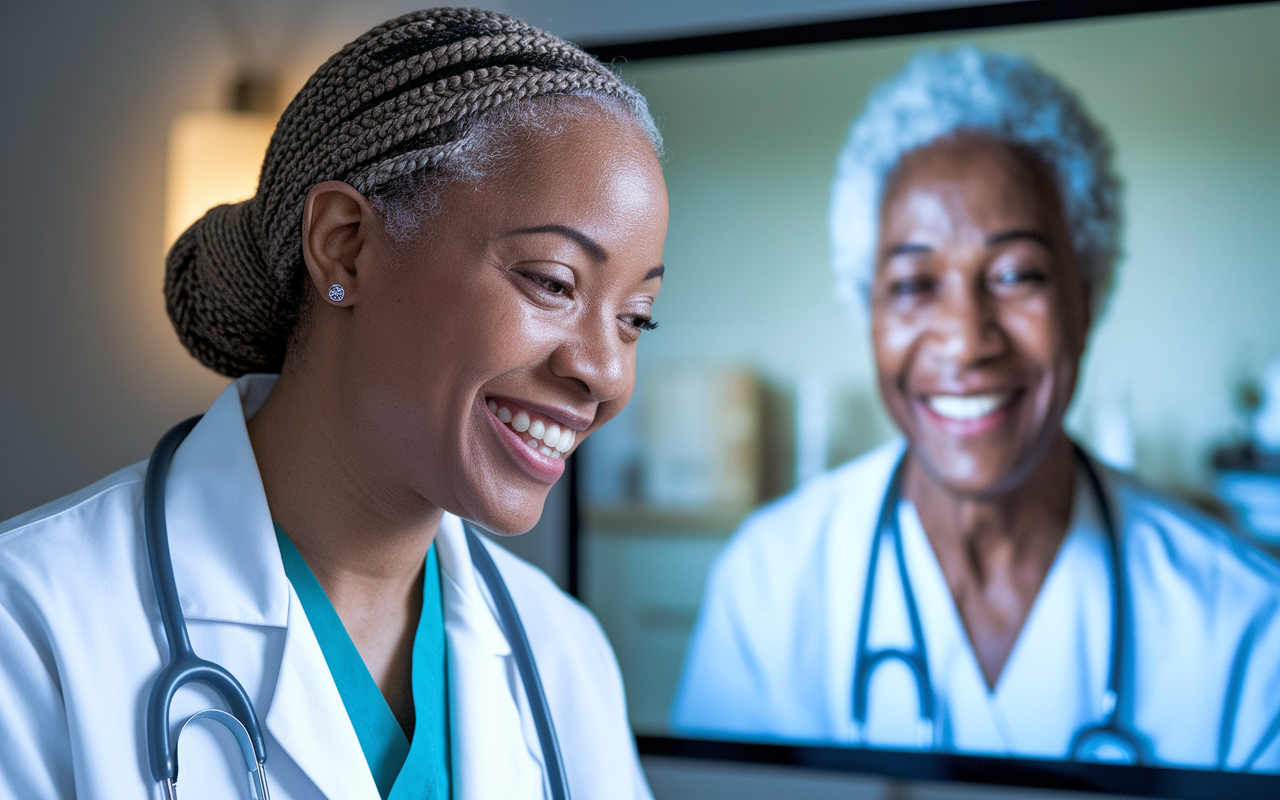 A close-up of a healthcare provider engaging in a telemedicine consultation with a patient, who is shown on a large screen. The healthcare provider is smiling, dressed in a white coat, with a stethoscope around their neck, while the patient, an elderly person, looks relieved and engaged. The background is a professional yet calming medical office, with soft lighting that enhances the sense of care and empathy.