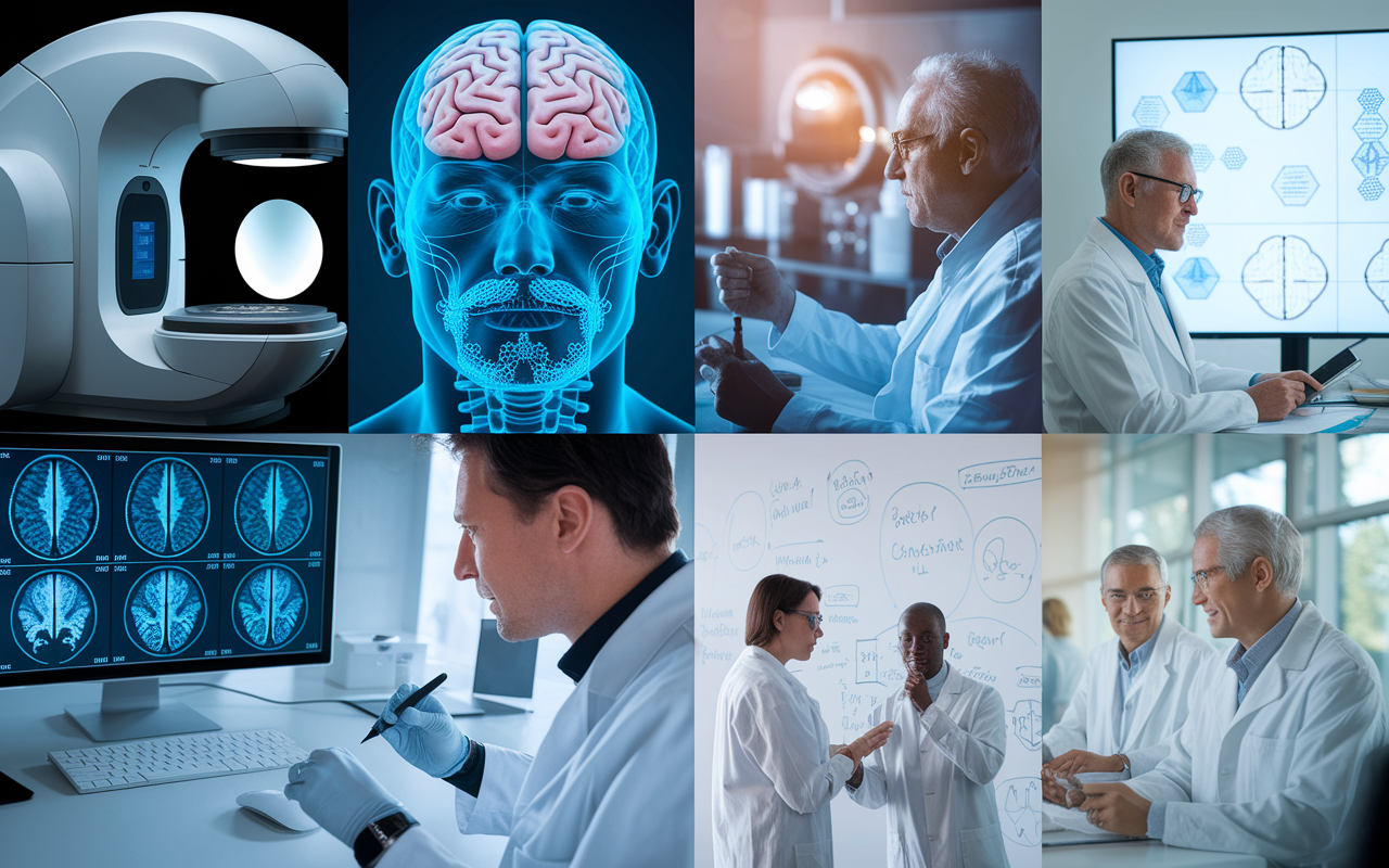 An inspiring montage depicting recent advances in Alzheimer's research. The composition includes imagery of advanced imaging equipment, researchers engaged in lab work with high-tech screens showing brain scans, and brainstorming sessions with whiteboards full of diagrams. Bright, focused lighting captures the essence of innovation, with a hopeful atmosphere suggesting breakthroughs in science and research.