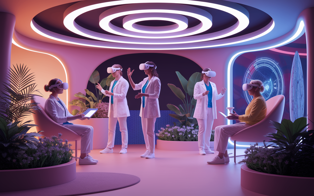 A futuristic and vibrant scene showcasing innovative treatment approaches for Alzheimer's patients. Visual elements include virtual reality headsets being used by patients in a supportive setting, engaging with interactive cognitive exercises. The environment is bright and encouraging, with caregivers assisting, surrounded by plants and modern technology, highlighting the integration of mental health into physical wellness.