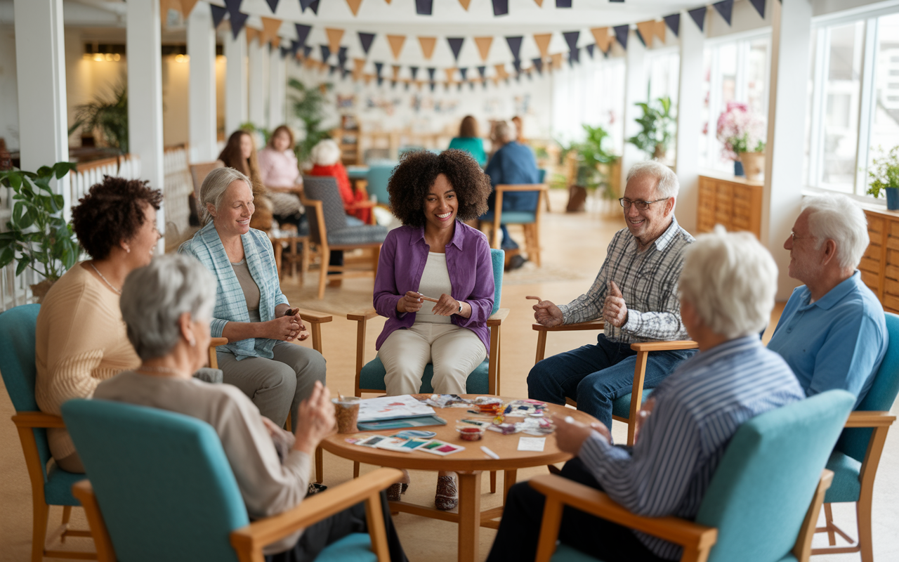 A hopeful and heartwarming scene depicting a support group meeting for caregivers and Alzheimer’s patients in a bright, spacious community center. Caregivers of diverse backgrounds share stories while sitting in a circle, and some patients are engaged in creative activities, like painting or puzzle-solving. The atmosphere is warm with natural lighting and decorations celebrating community, promoting a sense of belonging.