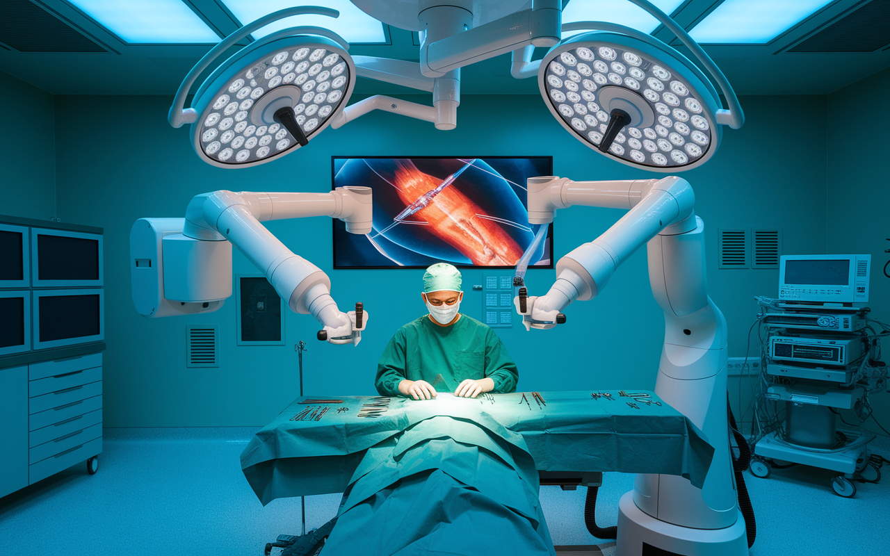 A modern surgical operating room showcasing a robotic surgical system in action. In the center, a surgeon wearing a green scrub and surgical mask is seated at a console, with hands on controls, intensely focused on the 3D visual display showing the surgical field. Around the robot, robotic arms are precisely manipulating intricate surgical instruments inside a patient on the operating table. The room is illuminated with bright, sterile lighting, emphasizing the advanced technology. The walls are lined with high-tech medical equipment, and a sense of innovation and precision fills the atmosphere.